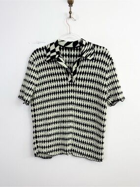 JNBY Textured Diamond Knit Polo Top Light Green Black Size S